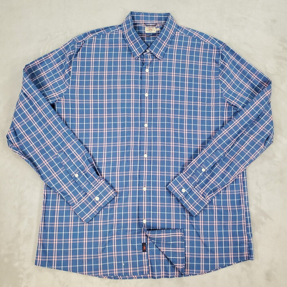 Faherty Button Down Shirt Mens XXL Regular Fit Supima Cotton Stretch Blue Plaid